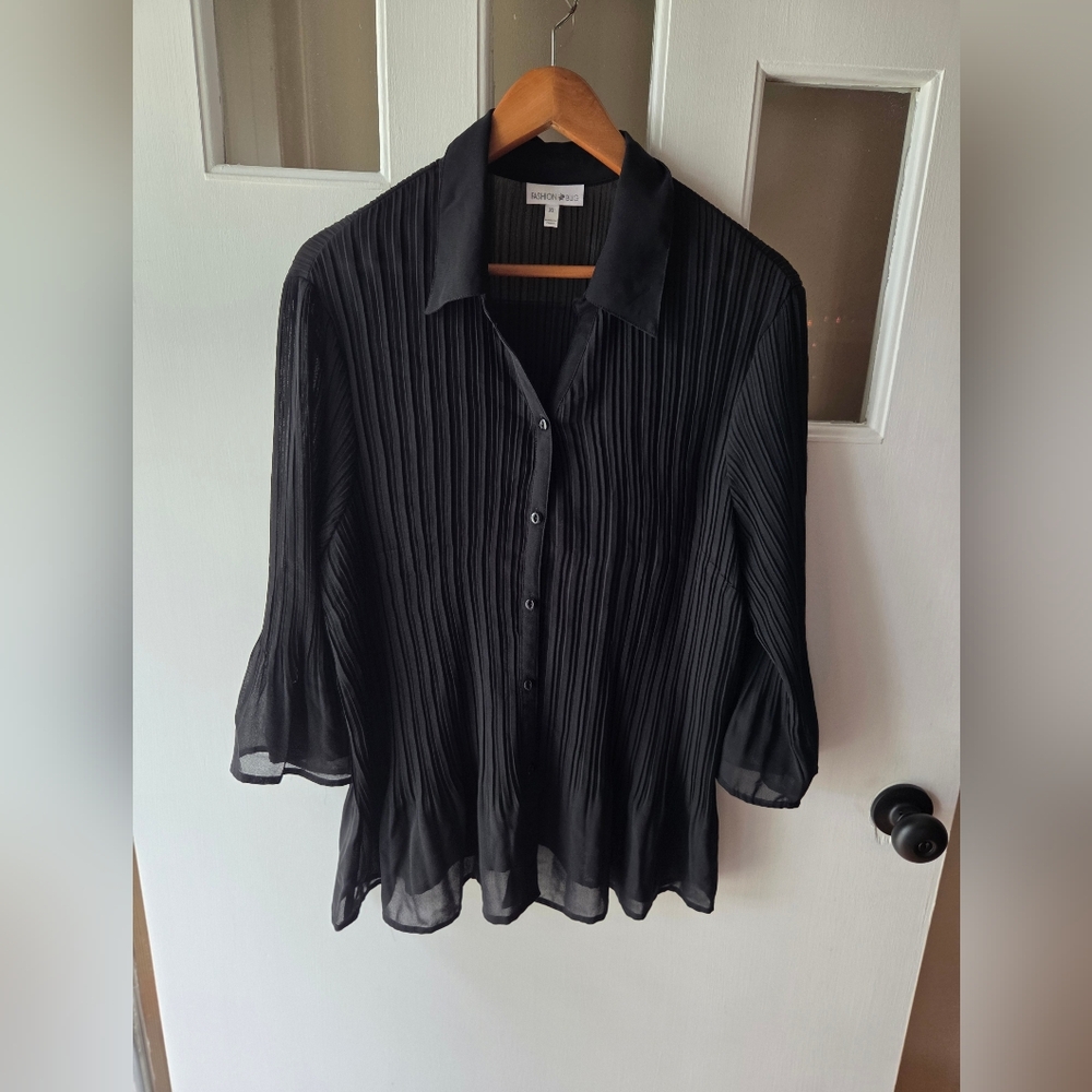 Fashion Bug Black Pleated Button Down Shirt
